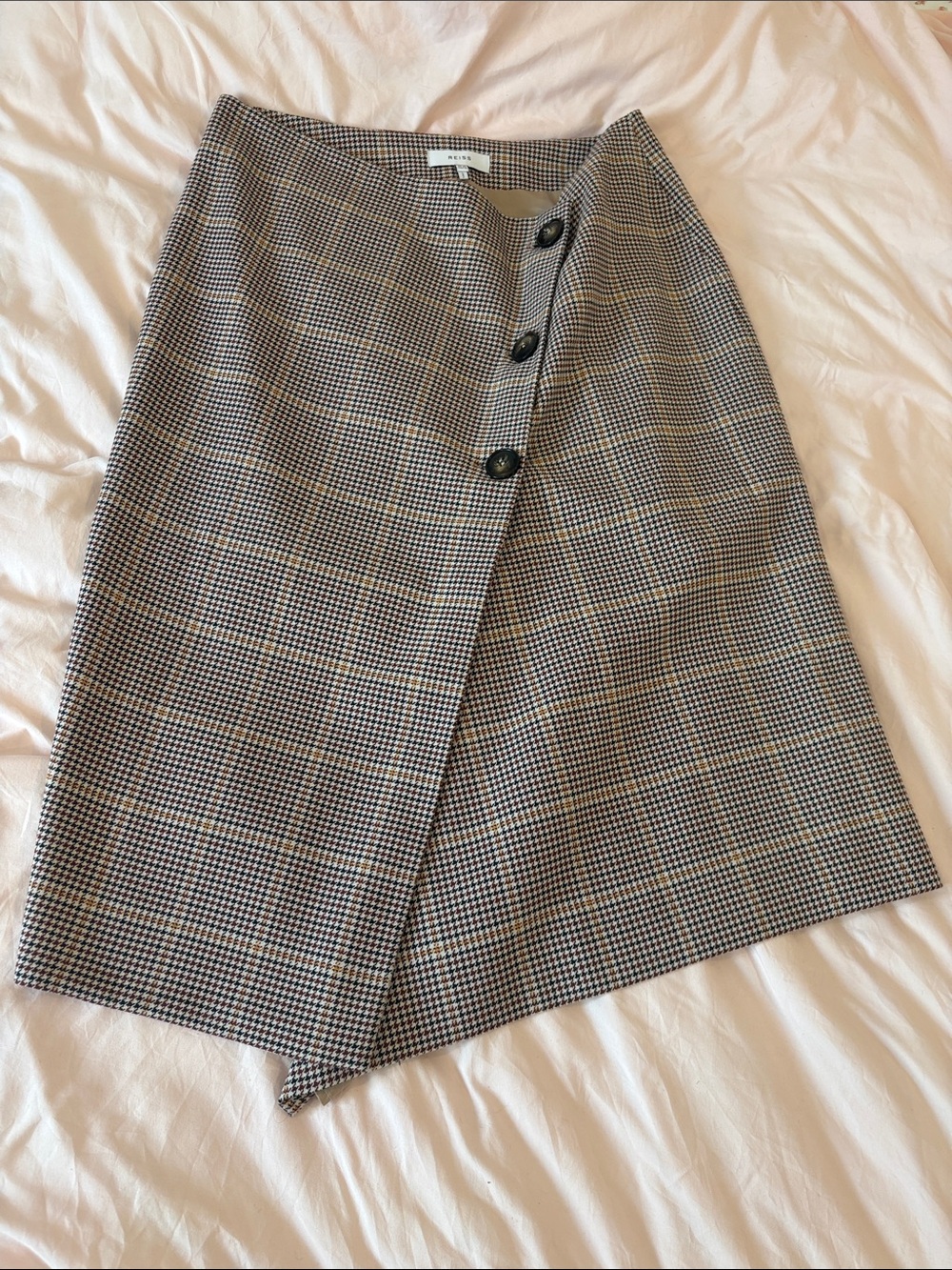 Reiss Brown and Black Checked Asymmetric Button Skirt